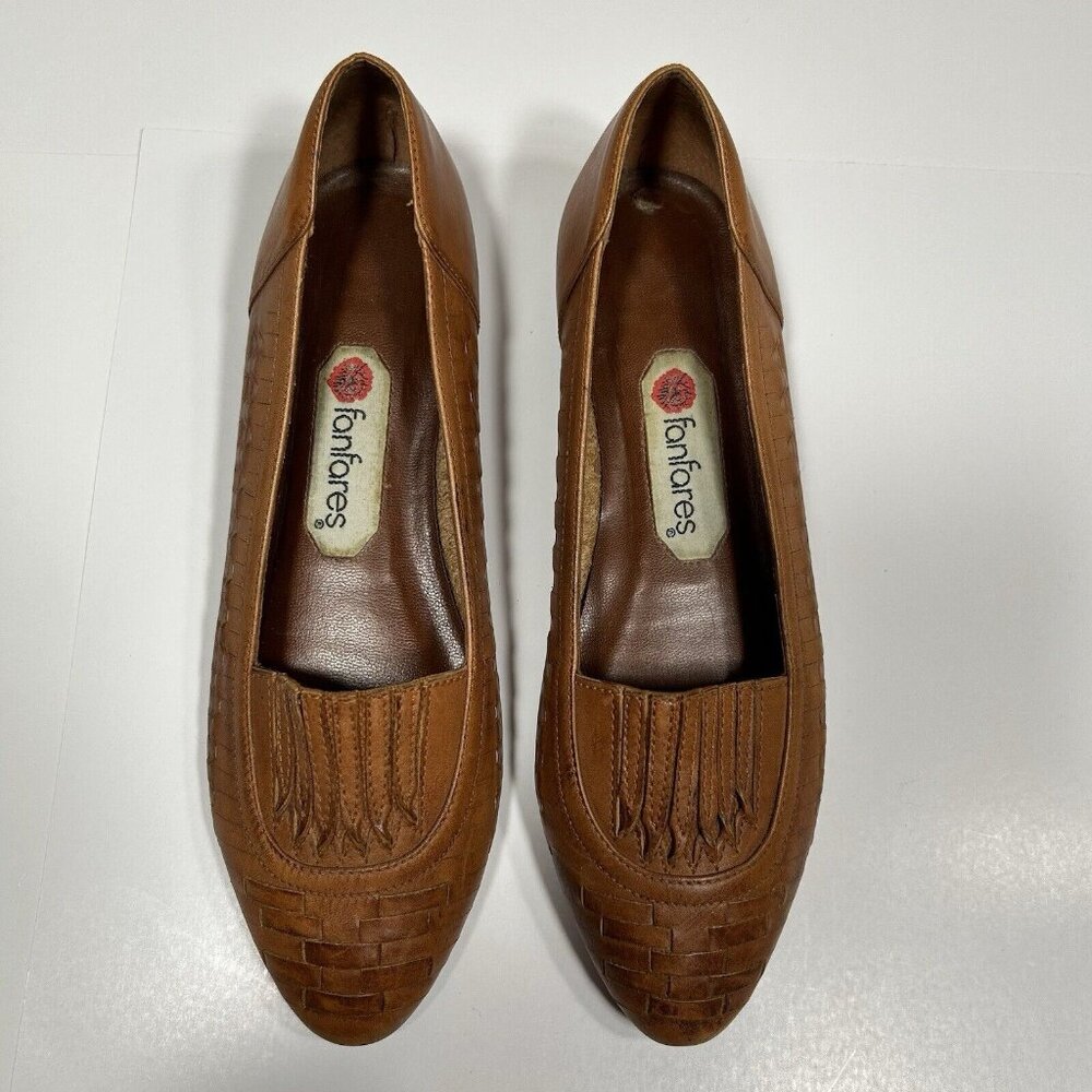 Vtg Fanfares Womens Goal Brown Size 7 Leather Slip On Woven Loafer Small Wedge